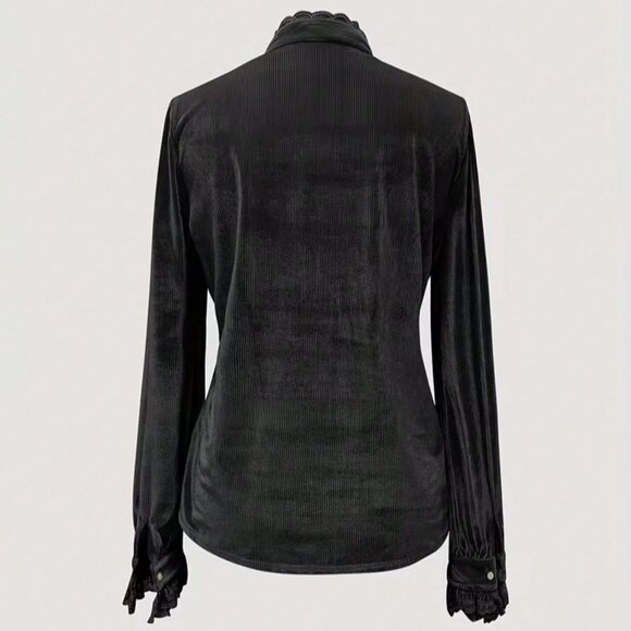 Black Elegant Women's Velvet Blouse with Lace Patchwork - Picture 3 of 4